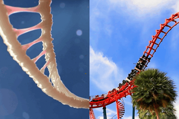 Collage image of the DNA structure and a rollercoaster