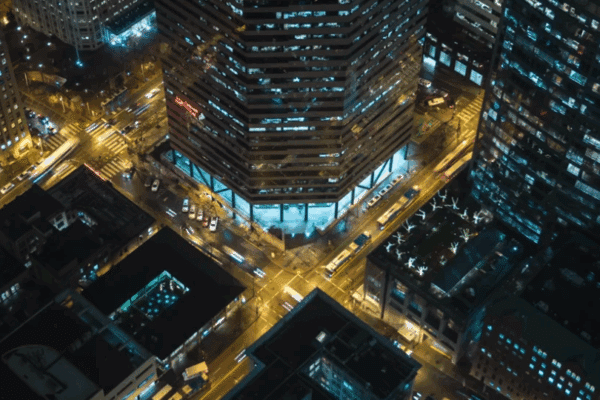 Stock image example of modern buildings at night