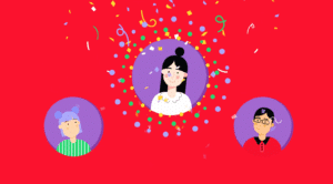 Three animated characters on red background