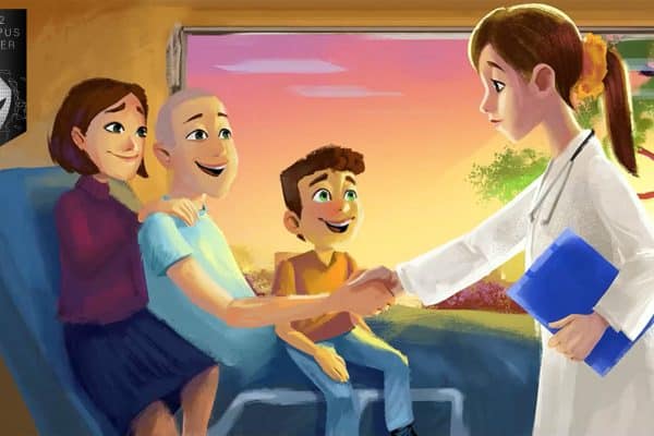 illustrated female doctor shaking hands with a patient