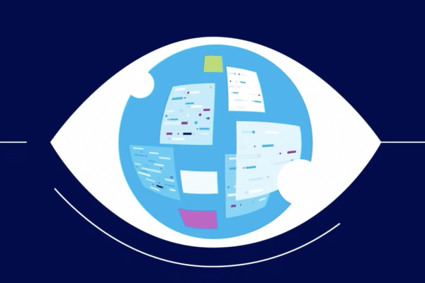 An illustration of an eye with documents reflected in it