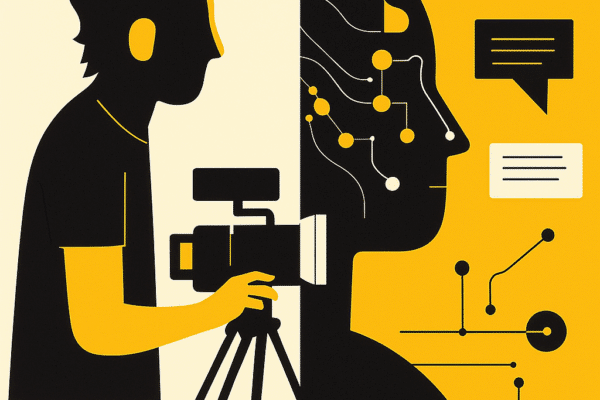 Stylised vector illustration showing human creativity meeting artificial intelligence — a filmmaker on one side and abstract AI data patterns on the other, in Bold Content Video’s yellow, black, and white colour palette.