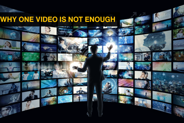 Image of a person standing in front of a screen with many video thumbnails on it. Ontop of the image is text reading "Why One Video Is Not Enough"