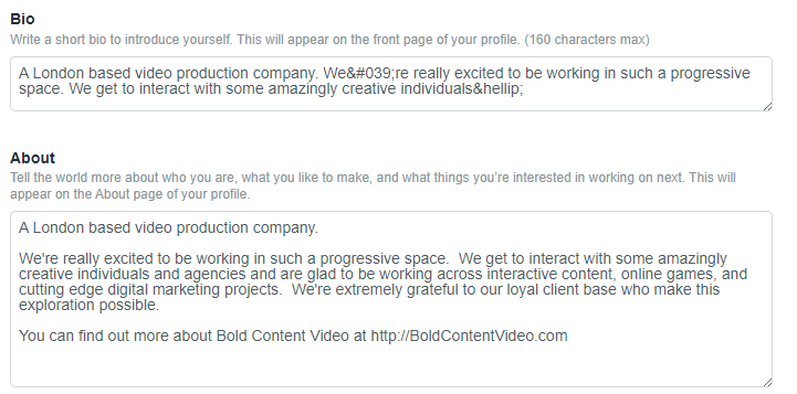 A screenshot of the Vimeo bio and about section