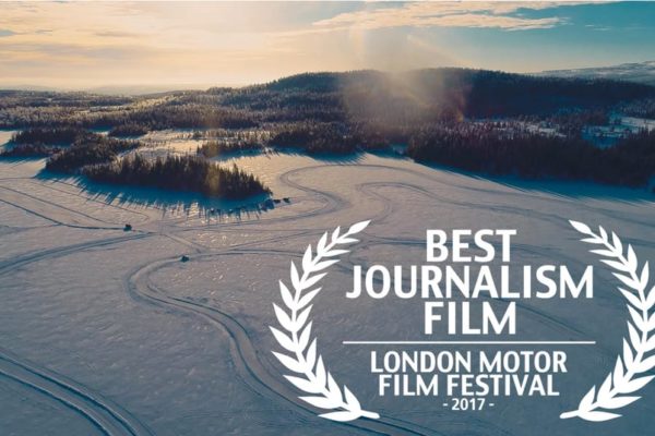 Winter landscape with Best Journalism Film London Motor Film Festival 2017 logo