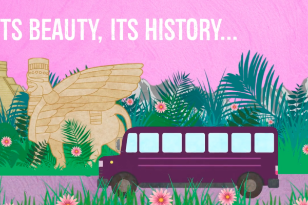 Pink buss animation and on-screen text reading 'Its beauty, its history...'