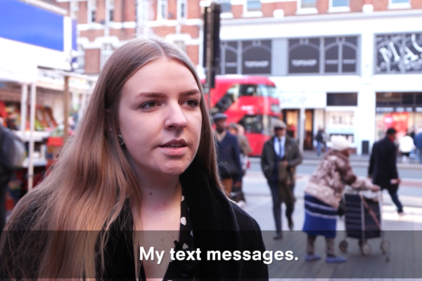 Woman being interviewed on the streets of London for Privacy International