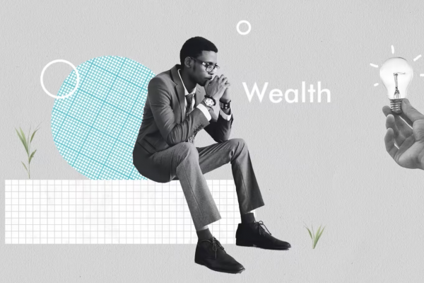man sat thinking with text saying wealth in a collage style animation technique