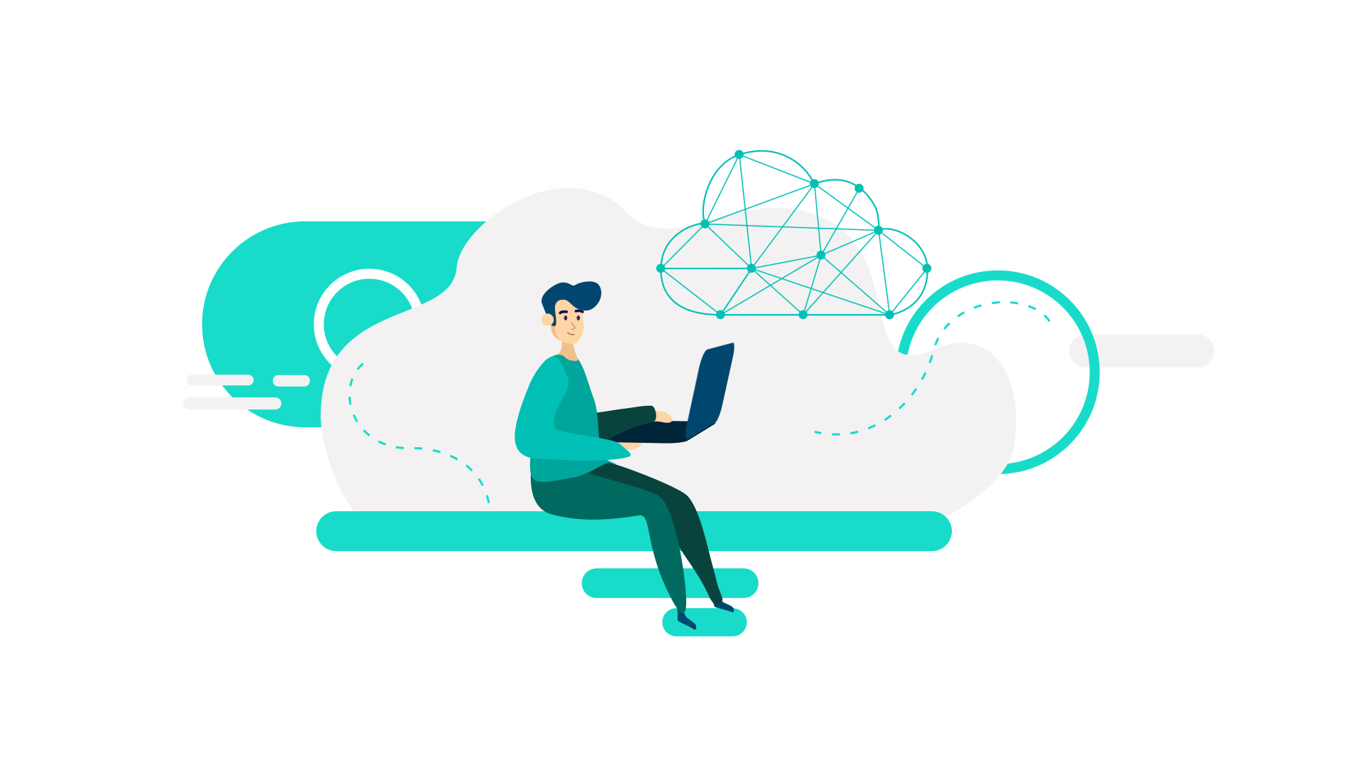 man sitting on a cloud with a laptop