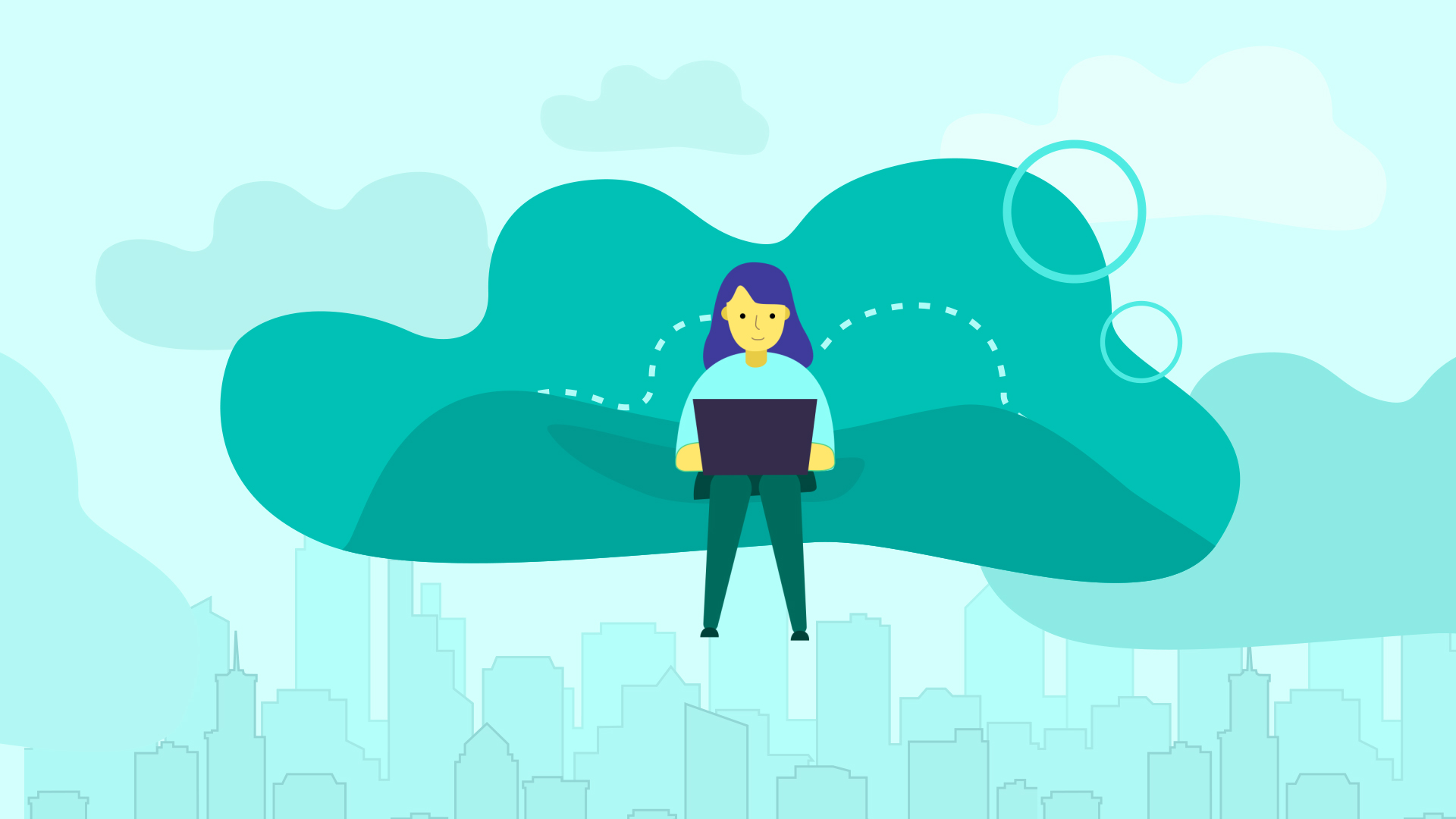 animation of girl sitting on a cloud with a laptop 