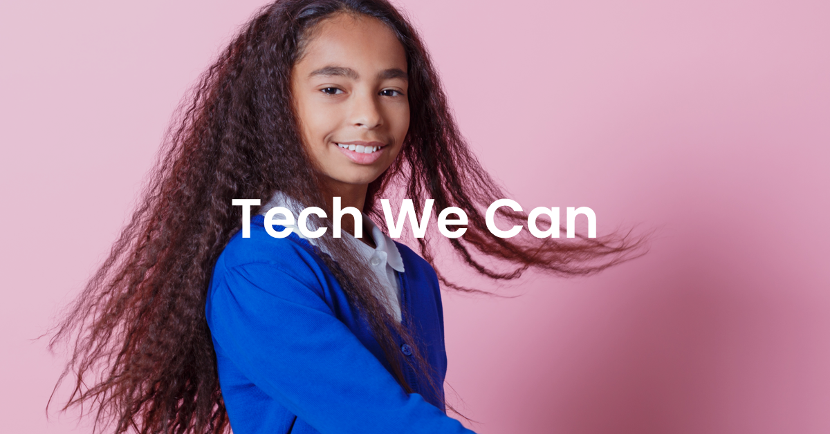 a photo of a school girl in a blue uniform with the text "tech we can"