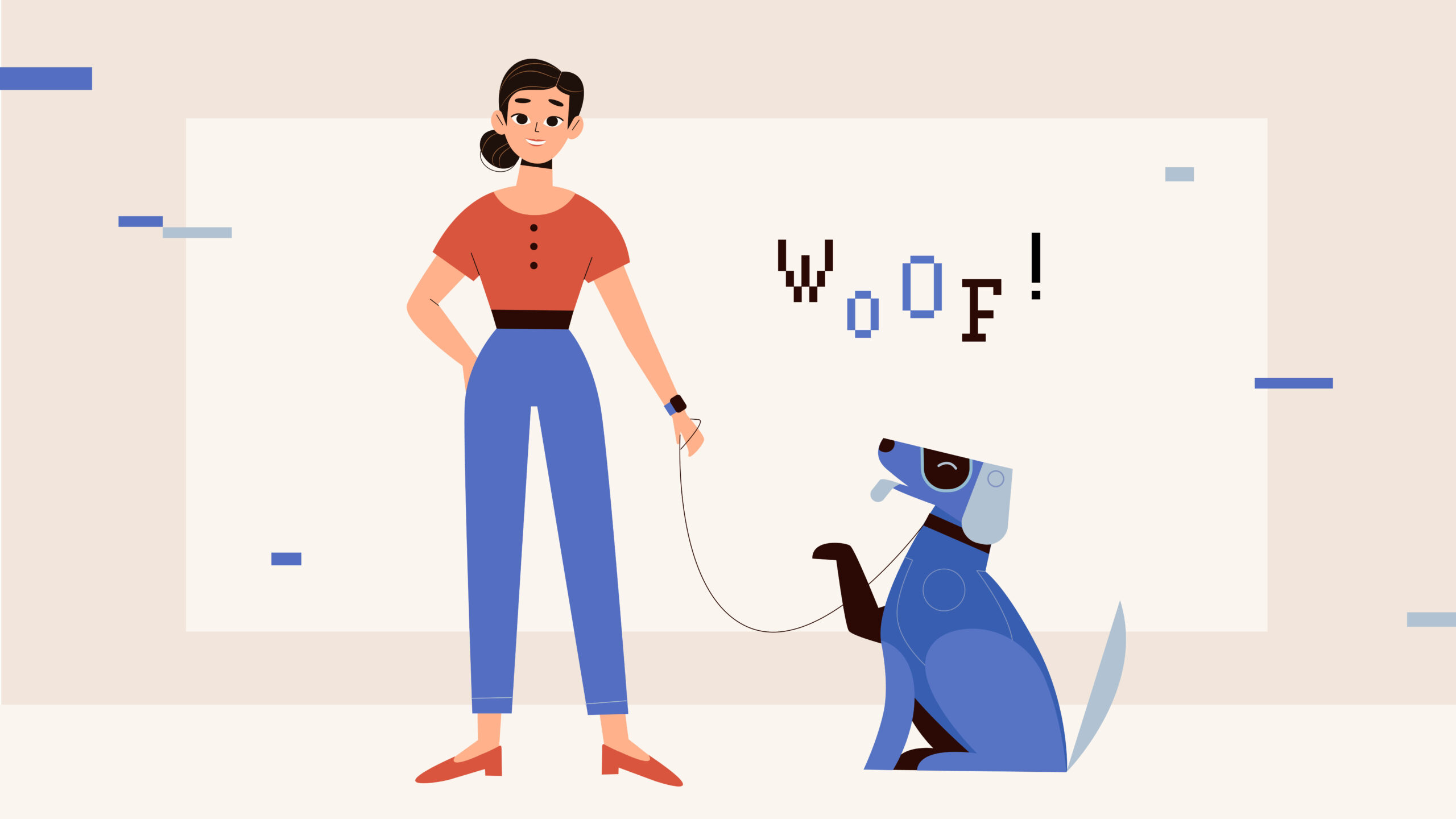 an illustration of a girl holding a robot dog on a lead