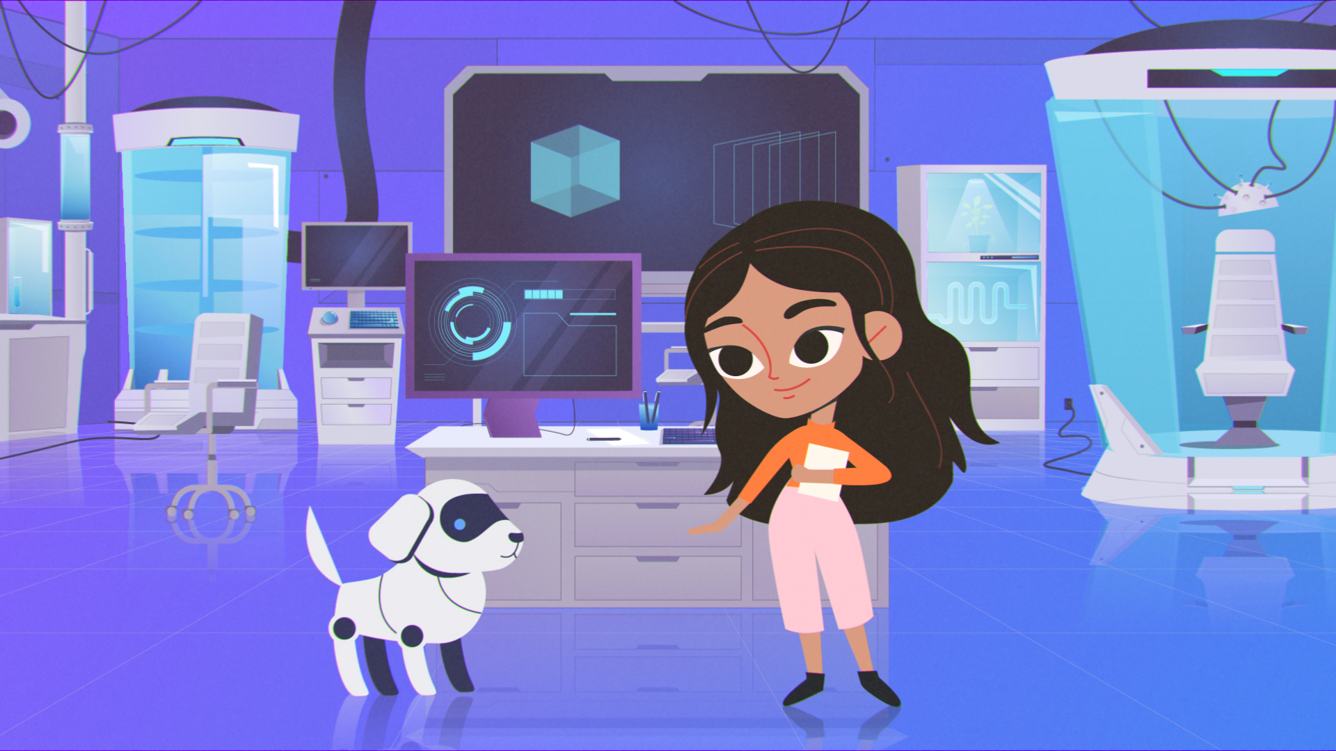 an illustration of a girl and a robot dog in a computer lab