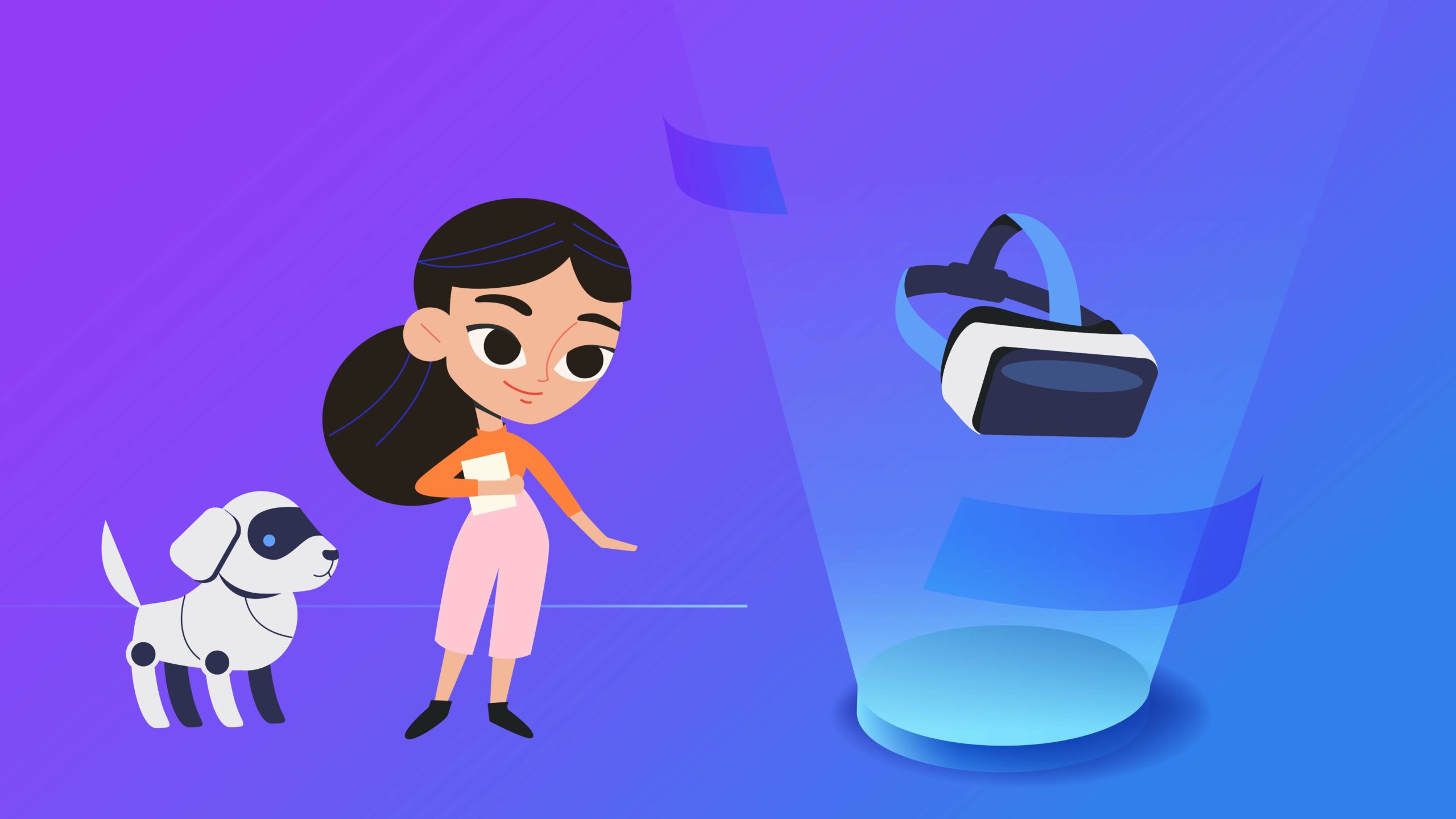 an illustration of a girl and a robot dog looking at a VR headset