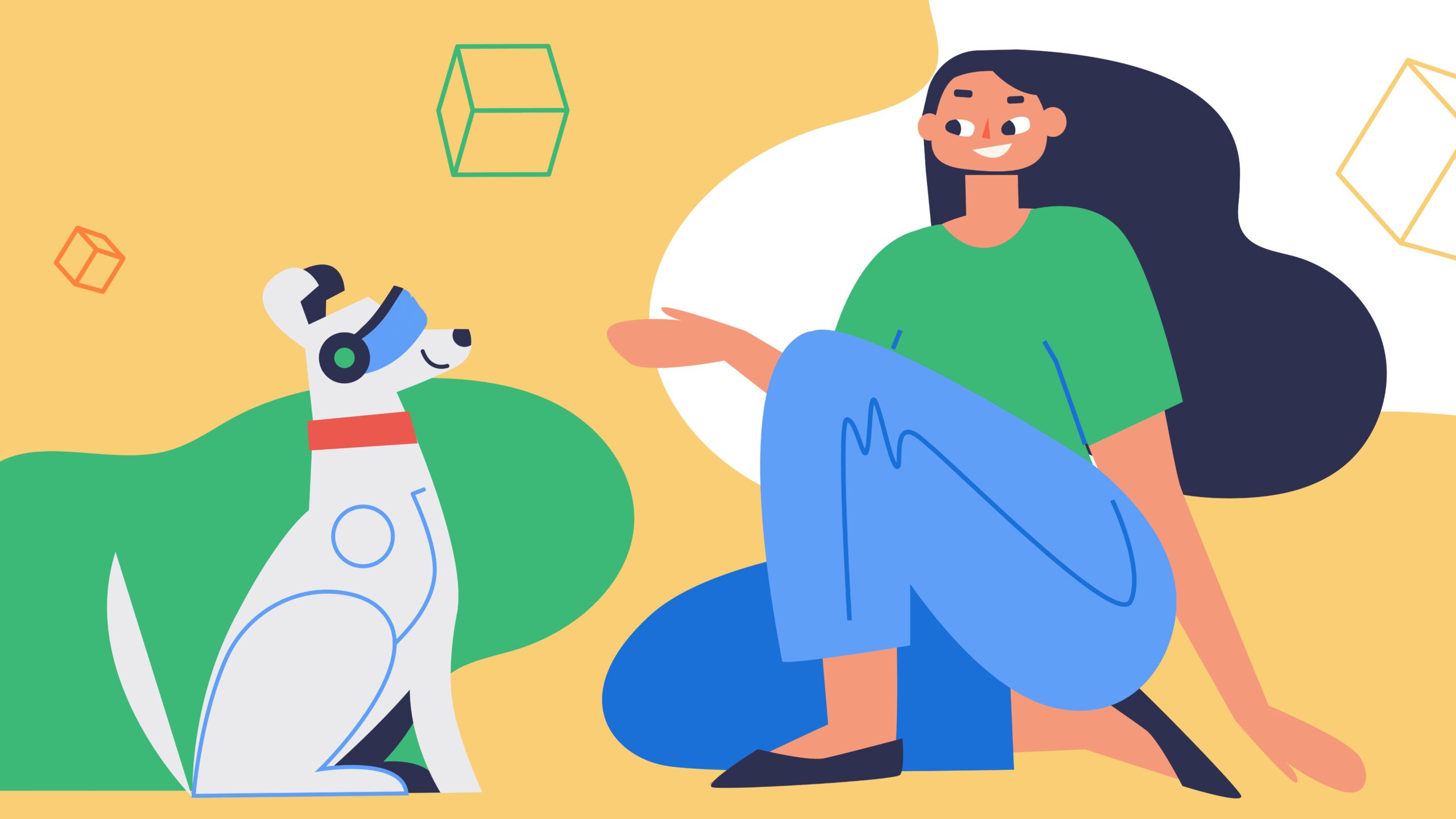 an illustration of a girl looking at a robot dog against a yellow background