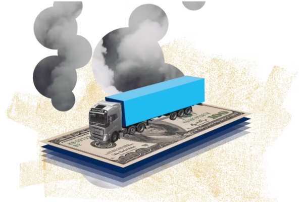 an illustrated road haulage truck collage style on a dollar bill with smoke in the background