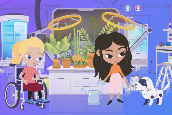 Animated characters in a lab girl with cerebral palsy in a wheelchair